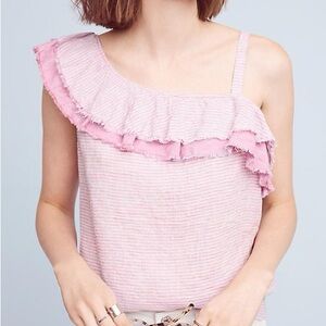 Anthropologie Holding Horses S Ruffled Linen One Shoulder Top Blouse Pink Stripe